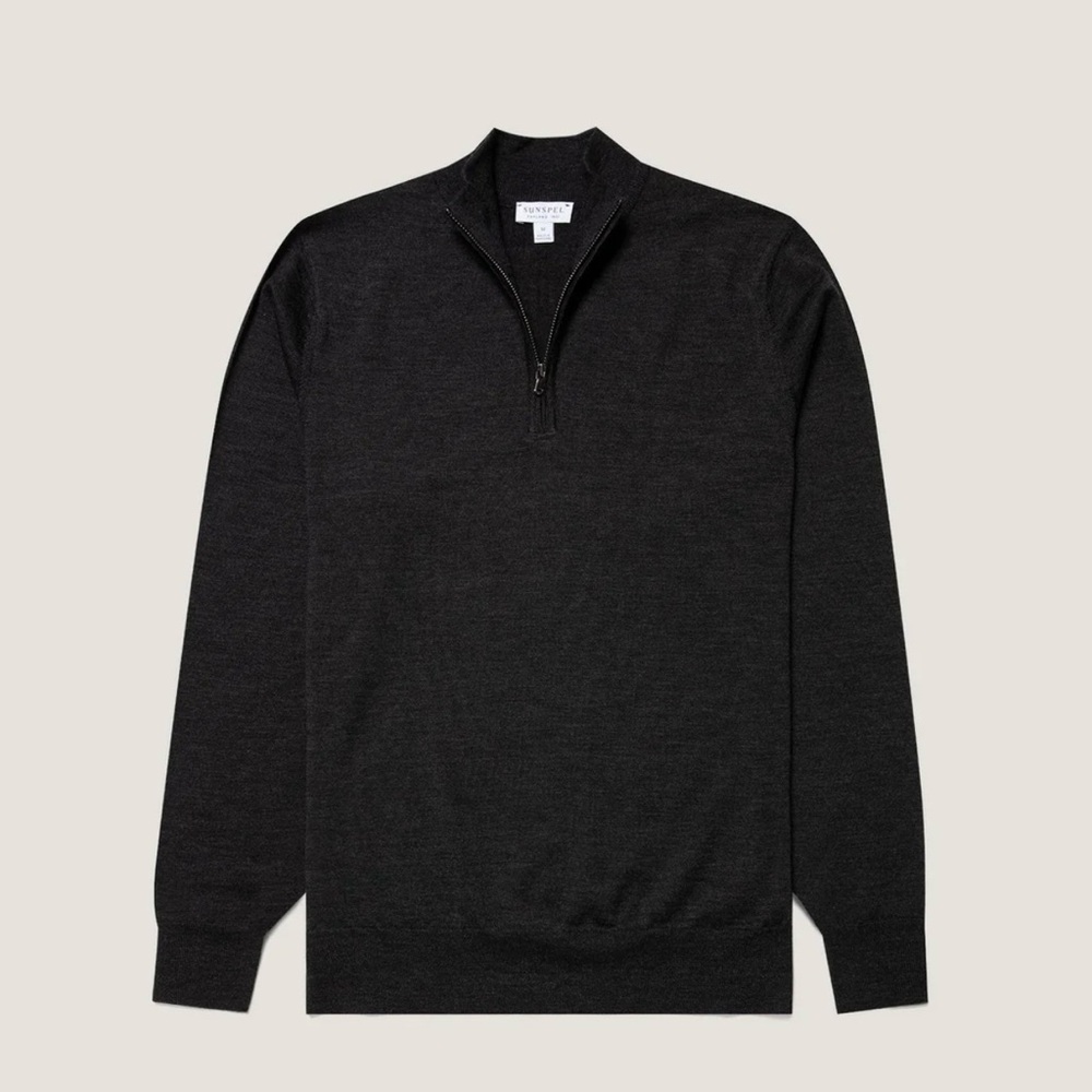 Sunspel Men's Charcoal Zip-Up Merino Wool Sweater